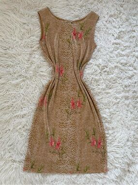 Sleeveless Taupe Floral Midi Dress with Pink & Green Accents